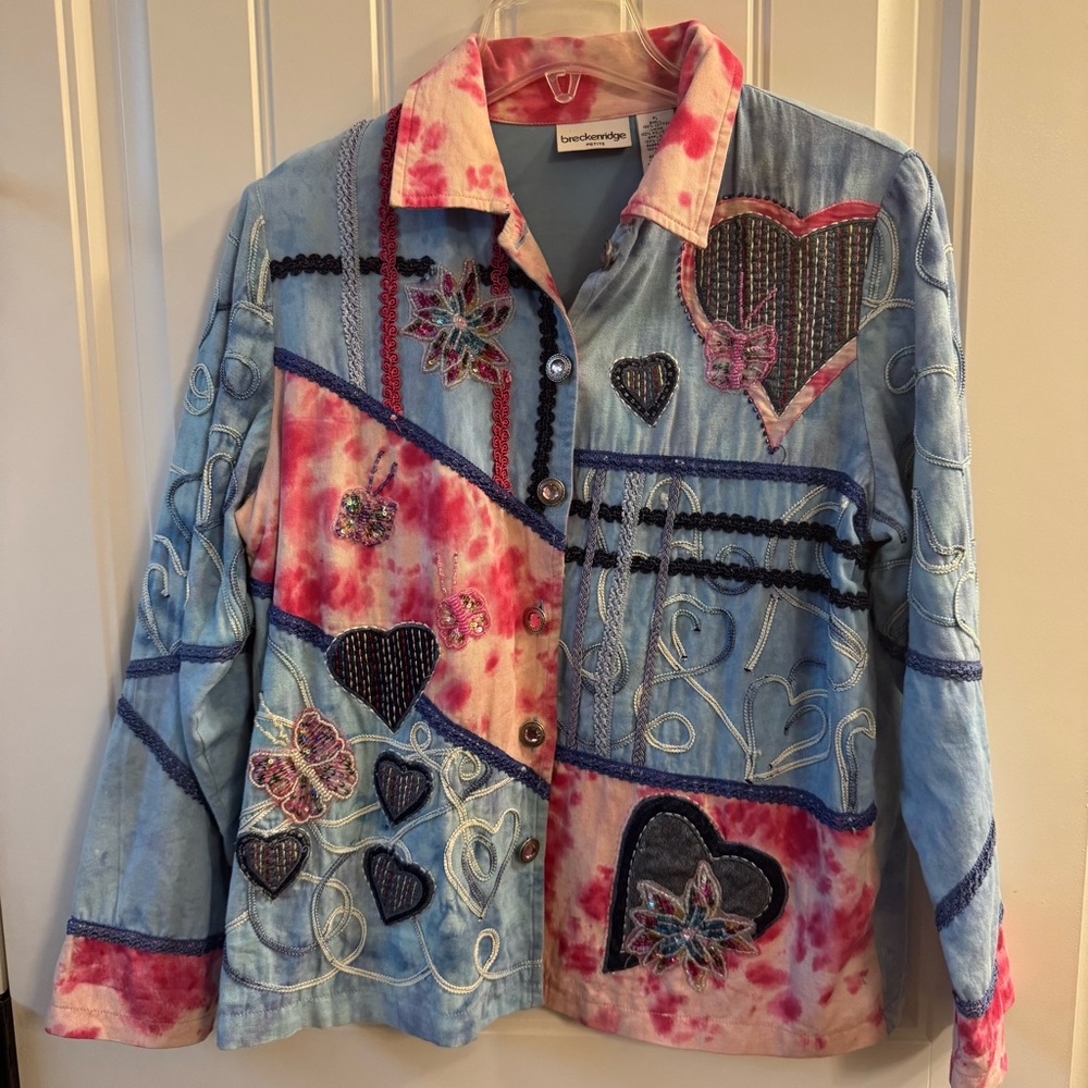 Breckenridge Blue and Pink Embroidered Heart Valentine Jean Jacket PL